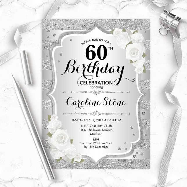 60th Birthday - Silver Stripes White Roses Invitation (Creator Uploaded)