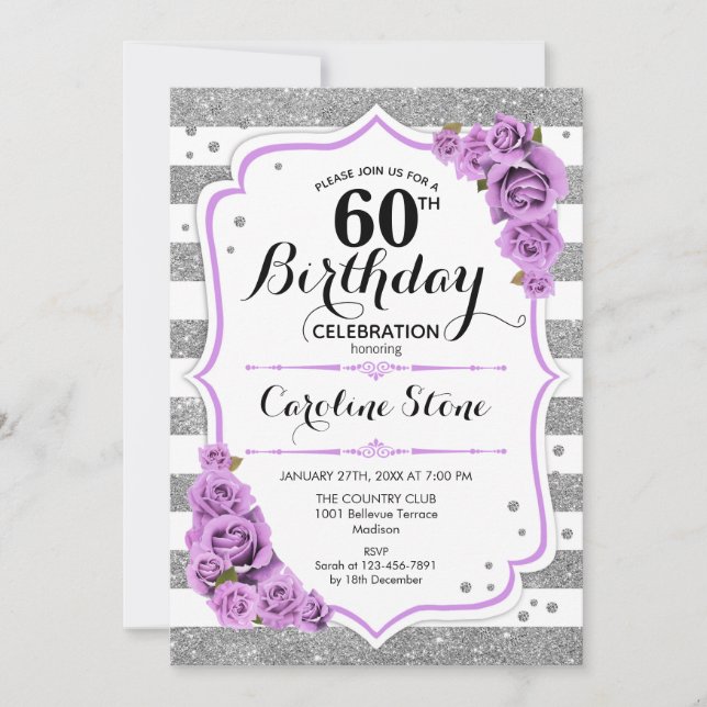 60th Birthday -  Silver White Stripes Purple Roses Invitation (Front)