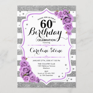 60th Birthday -  Silver White Stripes Purple Roses Invitation