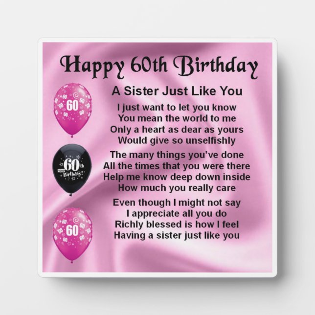 60th  Birthday Sister Poem Plaque (Front)