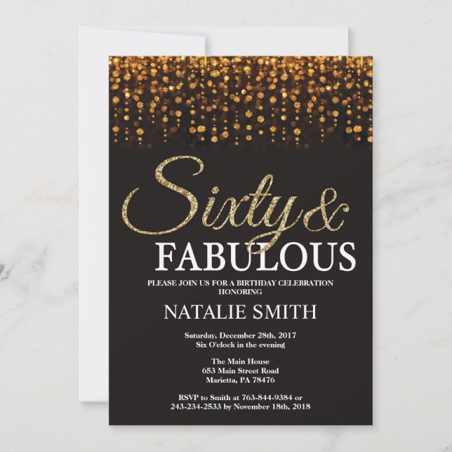 60th Birthday Sixty and Fabulous Gold Glitter Invitation (Front)