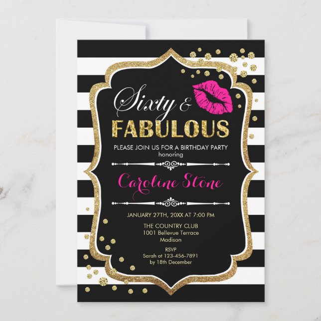 60th Birthday - Sixty Fabulous Black Pink Gold Invitation (Front)
