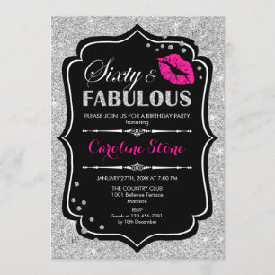 60th Birthday - Sixty Fabulous Black Pink Silver Invitation