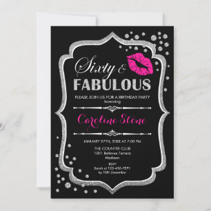 60th Birthday - Sixty Fabulous Black Pink Silver Invitation