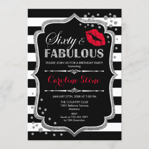 60th Birthday - Sixty Fabulous Black Red Silver Invitation