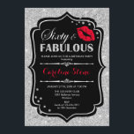 60th Birthday - Sixty Fabulous Black Red Silver Invitation<br><div class="desc">60th Birthday Invitation.
Elegant black white design with faux glitter silver. Features red lips kiss,  confetti and script font. Perfect for an elegant birthday party. Sixty Fabulous! Message me if you need further customisation.</div>