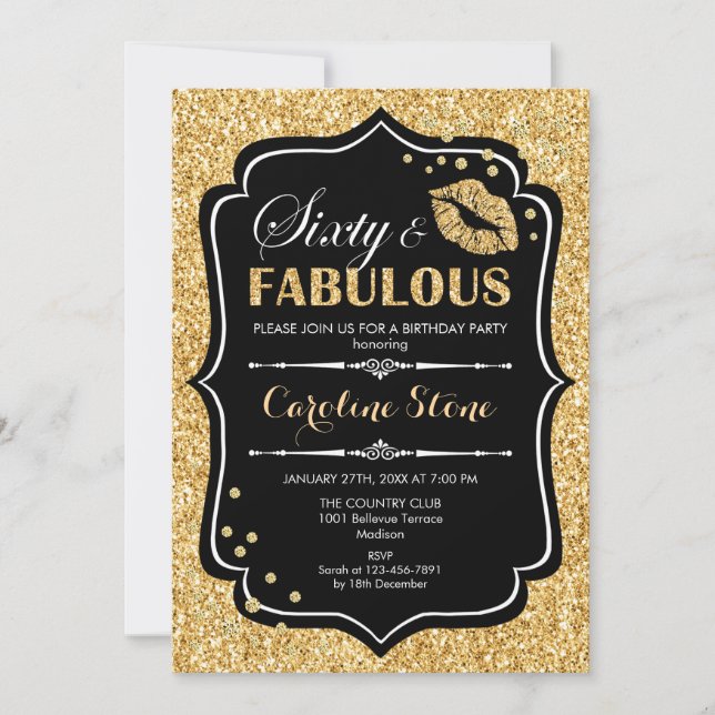 60th Birthday - Sixty Fabulous Gold Black Invitation (Front)