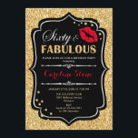 60th Birthday - Sixty Fabulous Gold Black Red Invitation<br><div class="desc">60th Birthday Invitation.
Elegant black white design with faux glitter gold. Features red lips kiss,  confetti and script font. Perfect for an elegant birthday party. Sixty Fabulous! Message me if you need further customization.</div>