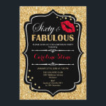 60th Birthday - Sixty Fabulous Gold Black Red Invitation<br><div class="desc">60th Birthday Invitation.
Elegant black white design with faux glitter gold. Features red lips kiss,  confetti and script font. Perfect for an elegant birthday party. Sixty Fabulous! Message me if you need further customization.</div>