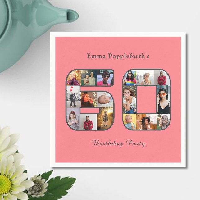60th Birthday Sixty Photo Collage Blush Pink Napkin (Blush pink 60th birthday party paper napkin. 60 photo collage template,)
