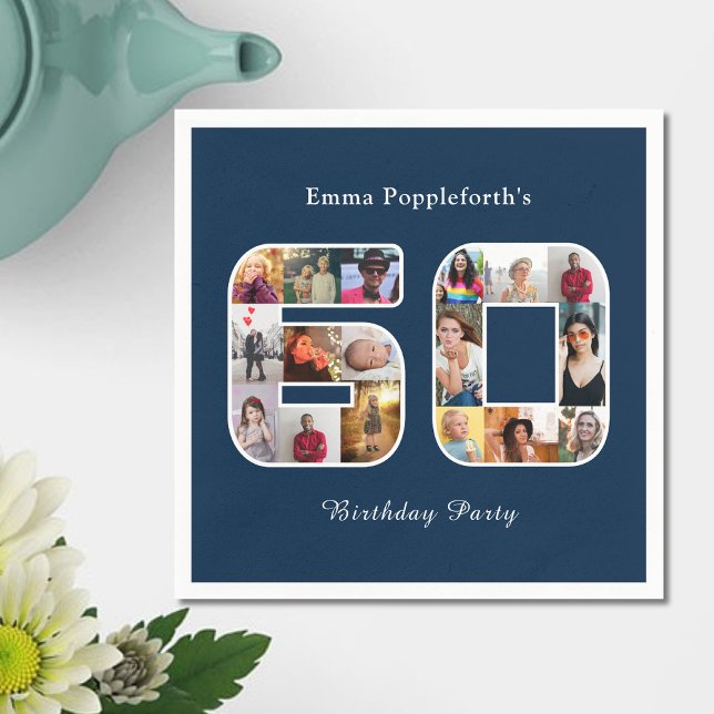 60th Birthday Sixty Photo Collage Dark Blue Napkin (Dark Navy Blue 60th birthday party paper napkin. 60 photo collage template.)