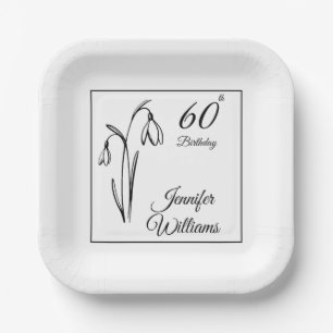 60th Birthday Snowdrop Floral Black And White Paper Plate