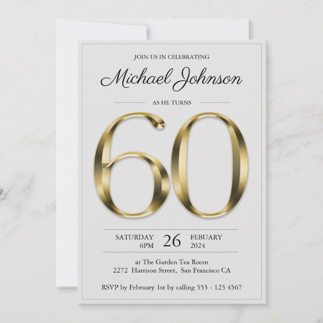 60th Birthday Solid Gold Light Grey Elegant Classy Invitation (Front)