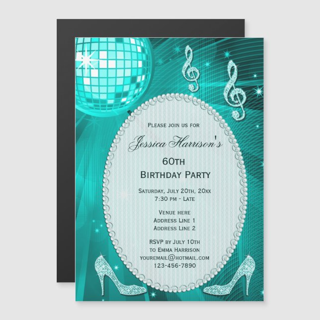 60th Birthday Sparkle Heels and Teal Disco Ball Magnetic Invitation (Front/Back)