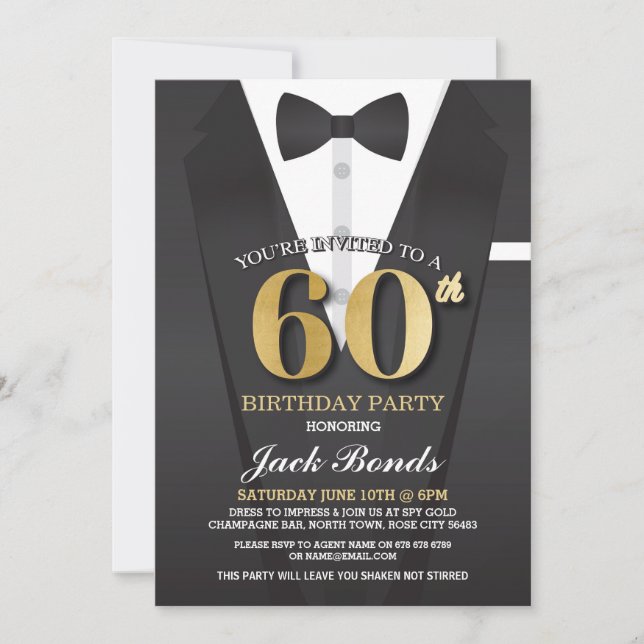 60th Birthday Spy Suit Black tie Gold Invitation (Front)