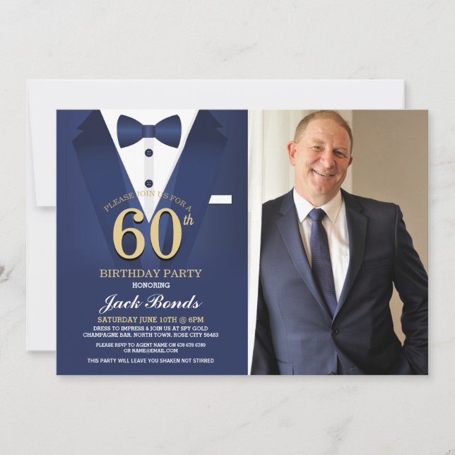 60th Birthday Spy Suit Black Tie Gold Navy Invitation (Front)