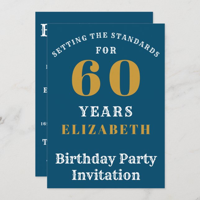 60th Birthday Standards Blue Gold Add Your Name Invitation (Front/Back)