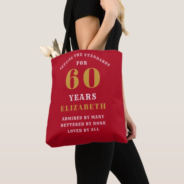 60th Birthday Standards Red Gold Add Your Name Tote Bag (Close Up)