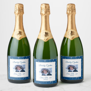 60th Birthday Stars Blue Photo Sparkling Wine Label