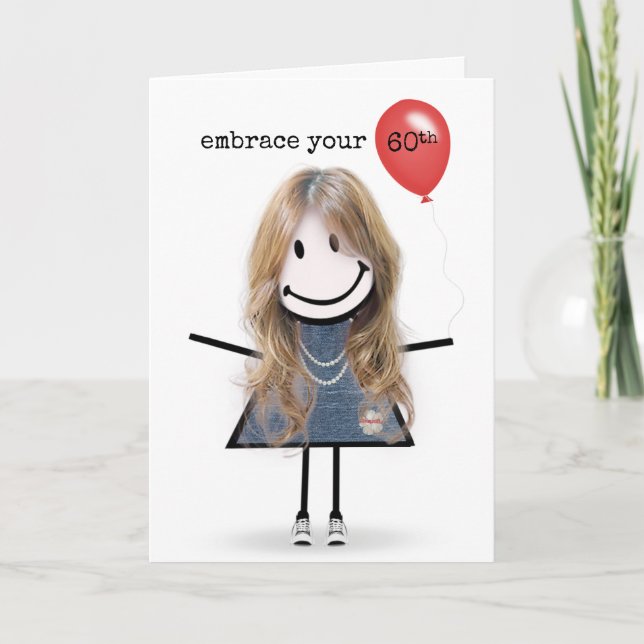60th Birthday Stick Figure Girl with Red Balloon  Card (Front)