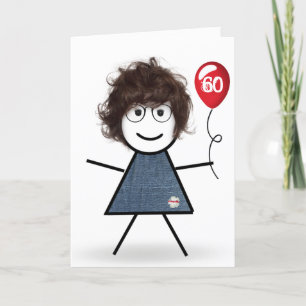 60th Birthday Stick Girl with Red Balloon Card