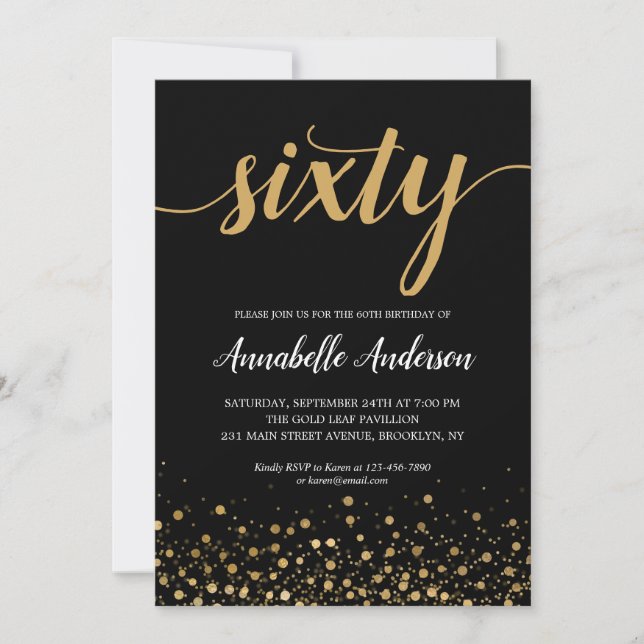 60th Birthday Stylish Black Gold Confetti Script Invitation (Front)