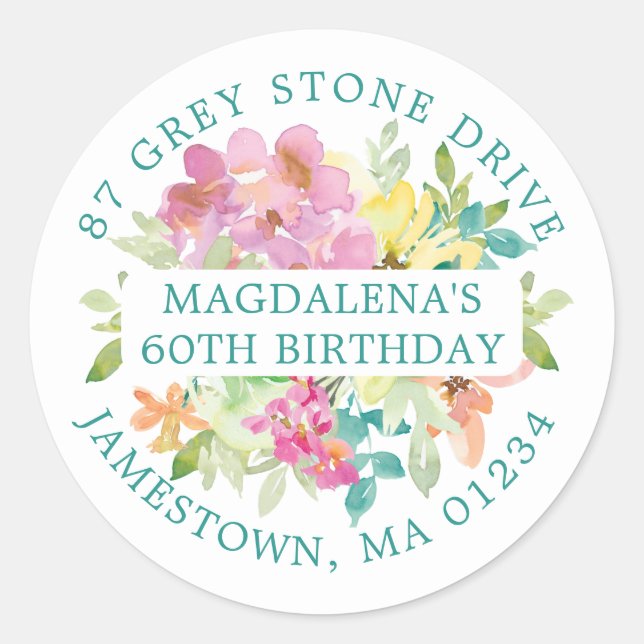 60th Birthday Summer Floral Return Address Label (Front)
