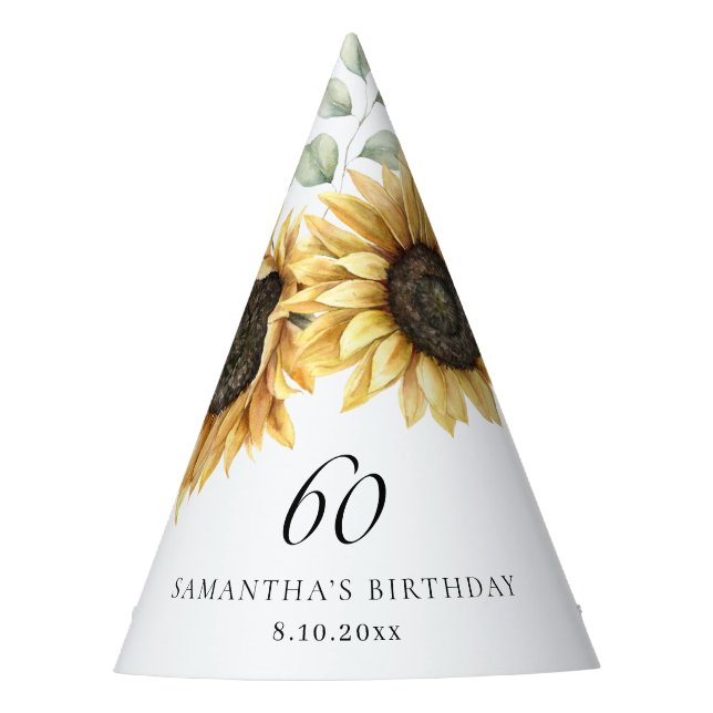 60th Birthday Sunflower Eucalyptus Party Hat (Front)