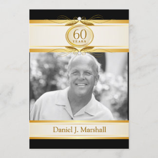 60th Birthday Surpise Party - Black Gold Monogram Invitation
