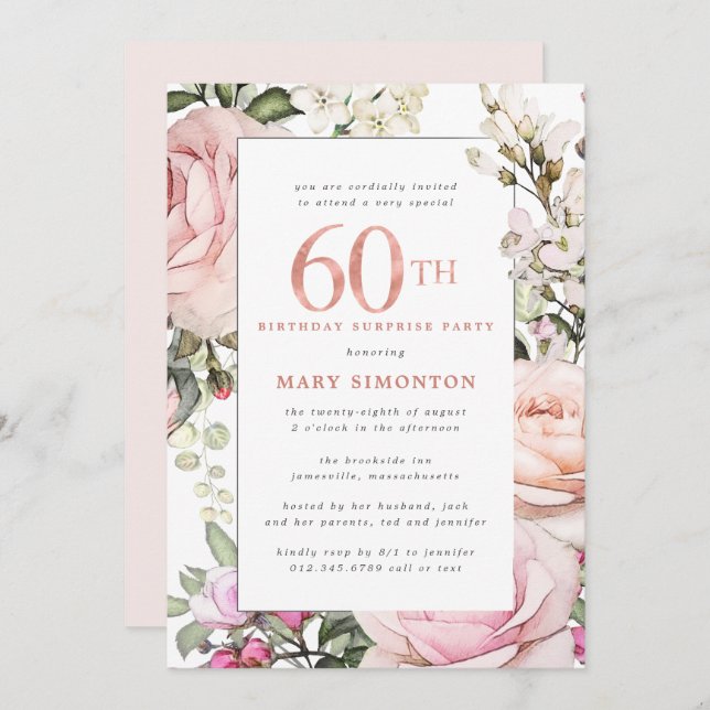  60th Birthday Surprise Party Blush Pink Floral Invitation (Front/Back)