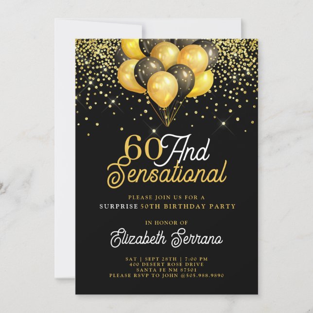 60th Birthday Surprise Party Gold Black Glitter In Invitation (Front)