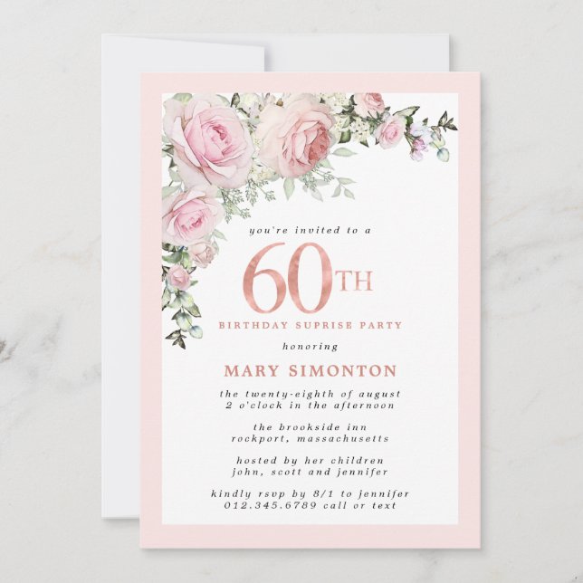 60th Birthday Surprise Party Pink Rose Floral Invitation (Front)