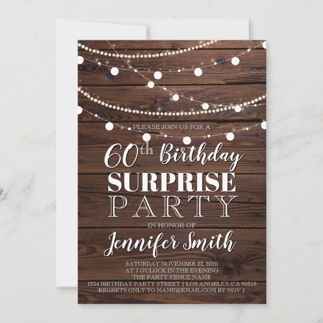 60th Birthday Surprise Rustic Wood String Lights Invitation (Front)