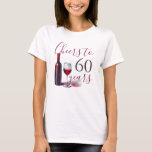 60th Birthday T Shirts for a Wine Party<br><div class="desc">Celebrate her milestone in style with this “Cheers to 60 Years” wine-themed birthday T-shirt, featuring an illustrated bottle of wine and glass. Designed for comfort and personality, it’s perfect for anyone searching for 60th birthday t shirts. Use the template fields to customise with your guest of honours age. Whether she’s...</div>