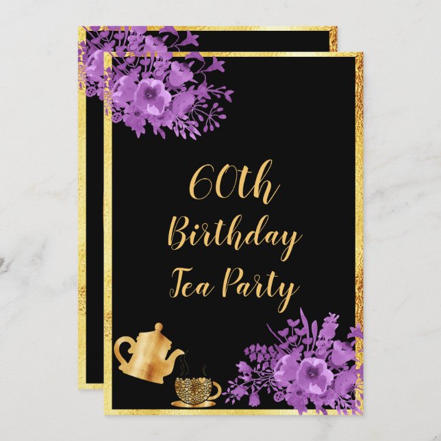 60th birthday tea party black gold purple invitation (Front/Back)