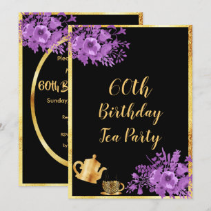 60th birthday tea party black gold purple invitation