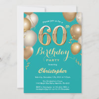 60th Birthday Teal and Gold Balloons Confetti