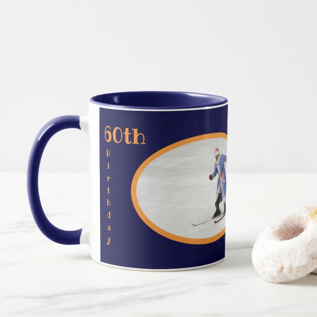 60th Birthday Text Photo Template Blue Orange Fun Mug (With Donut)