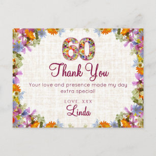 60th Birthday Thank You – Elegant Floral Design Postcard