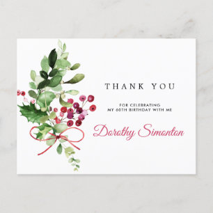 60th Birthday Thank You Rustic Winter Greenery Postcard