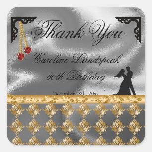 60th Birthday Thank You Silver Foil Gold Damask Square Sticker