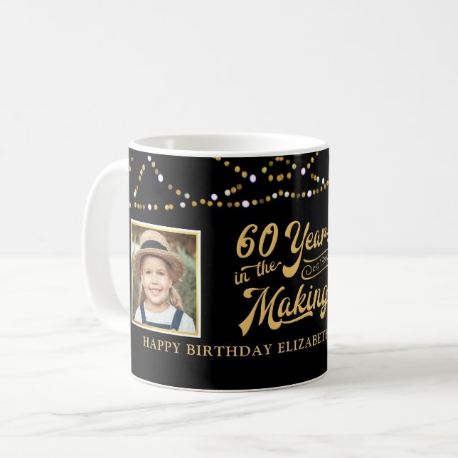 60th Birthday Then Now Photos Black Gold Lights Coffee Mug (Front Left)