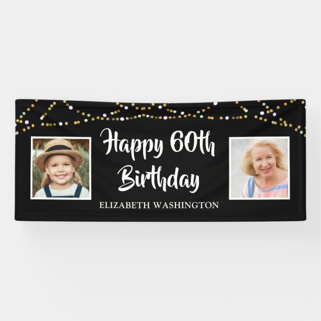 60th Birthday Then & Now Photos Lights Black Banner (Horizontal)