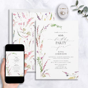 60th Birthday Trendy Elegant Wildflower Floral  Invitation