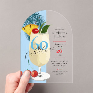 60th Birthday Tropical Blue Pina Colada Cocktail  Acrylic Invitations