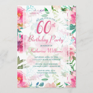 60th Birthday Tropical Floral Pink Peony Party Invitation