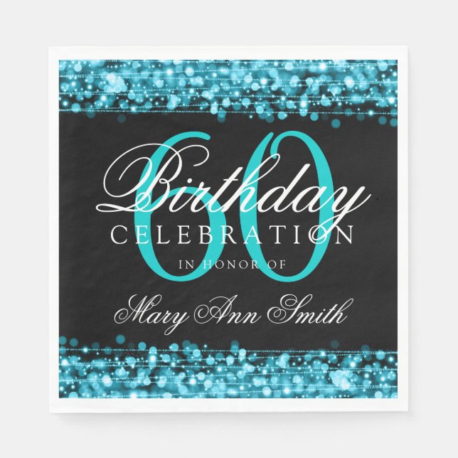 60th Birthday Turquoise Bokeh Sparkle Lights Napkin (Front)