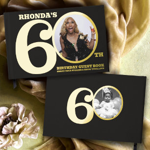60th birthday two custom photos black gold foil guest book