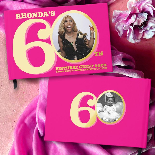 60th birthday two photos hot pink gold guest book (Creator Uploaded)