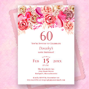 60th Birthday Valentine Pink Rose Swirly Heart Invitation